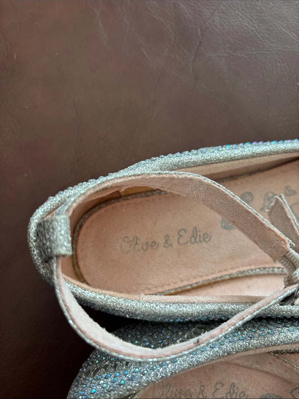 Olive & Edie Sparkly Silver Girls' Dress Shoes with Ankle Strap A-7
